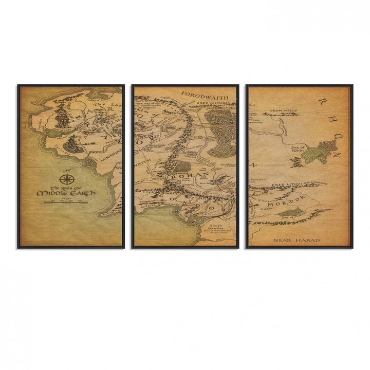 Vintage J.R.R. Tolkien Middle-Earth Map 3 Panel Canvas, perfect as wall art for home or office decor.