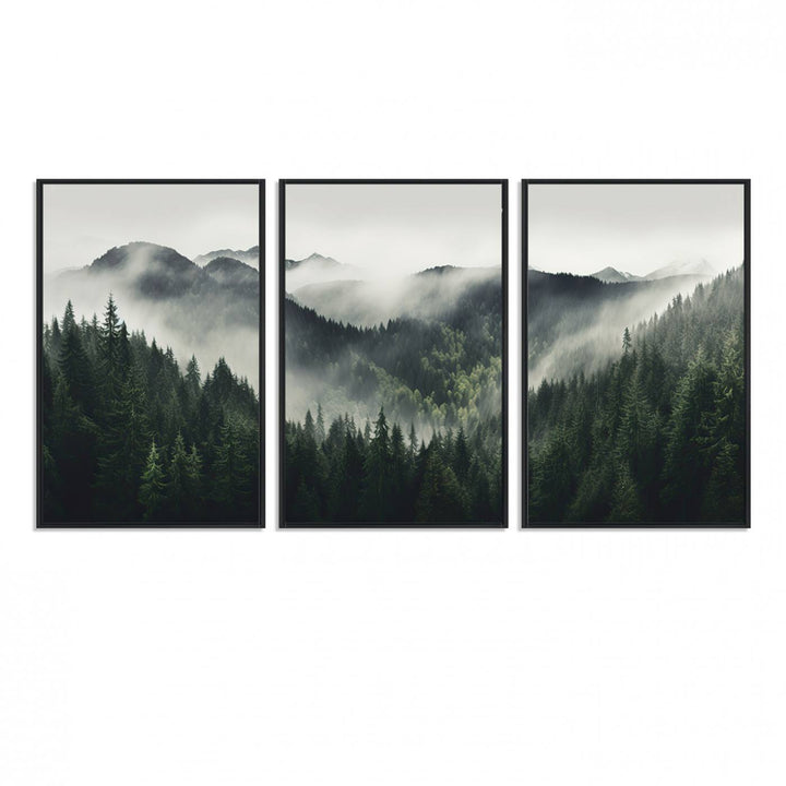 The Misty Forest Canvas Print Wall Art captures a serene misty forest scene with fog and mountains.