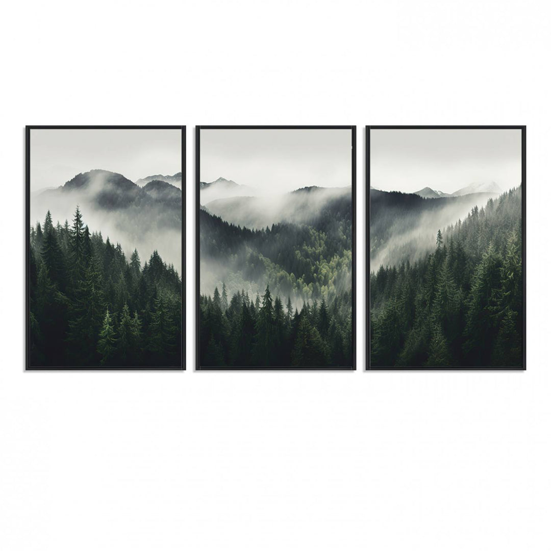 Serene and mystical landscape of misty mountains and dense evergreens, ideal for a Misty Mountain Forest Canvas Wall Art Print.