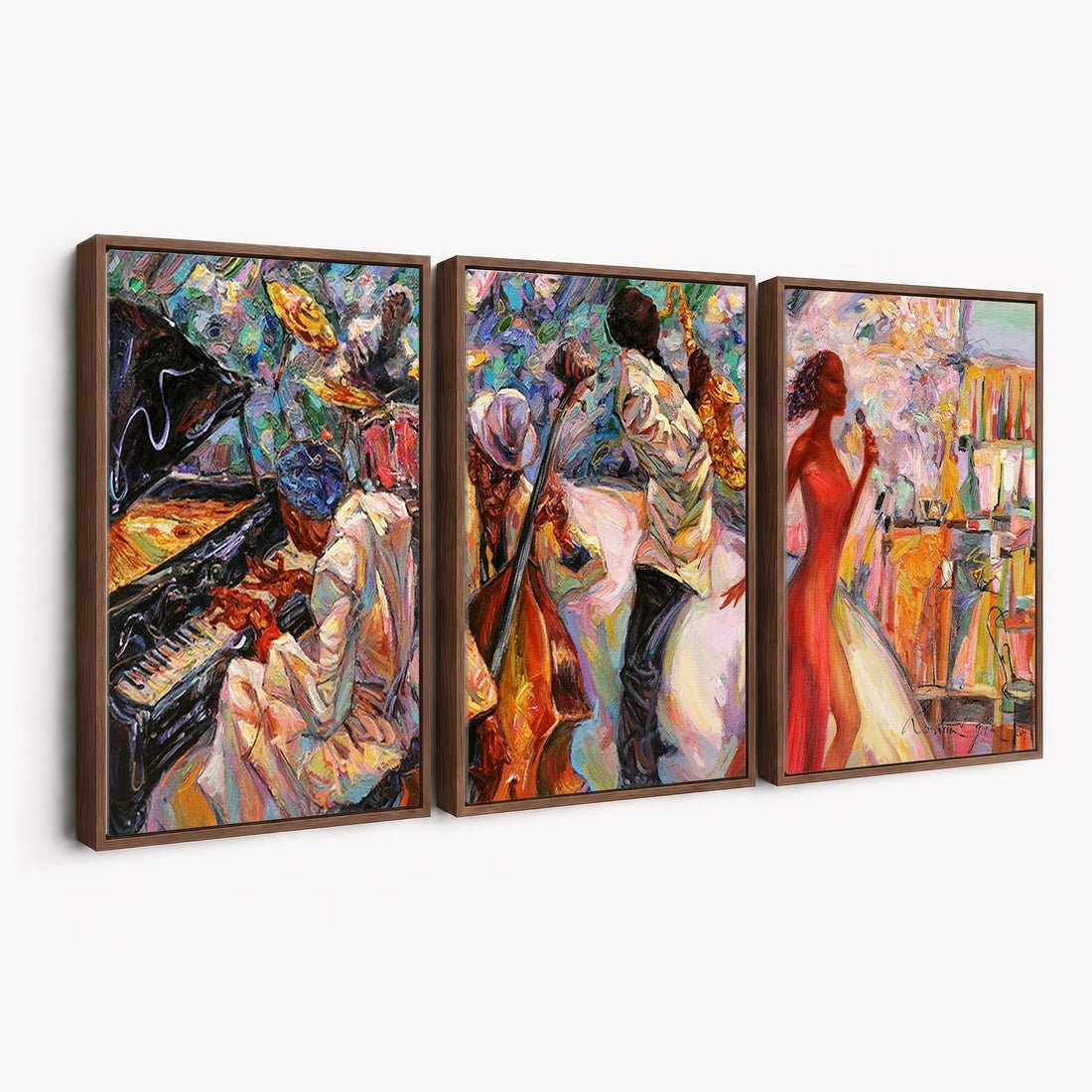 Afro American Jazz Band Canvas Wall Art | 3 Panel Music Studio Decor