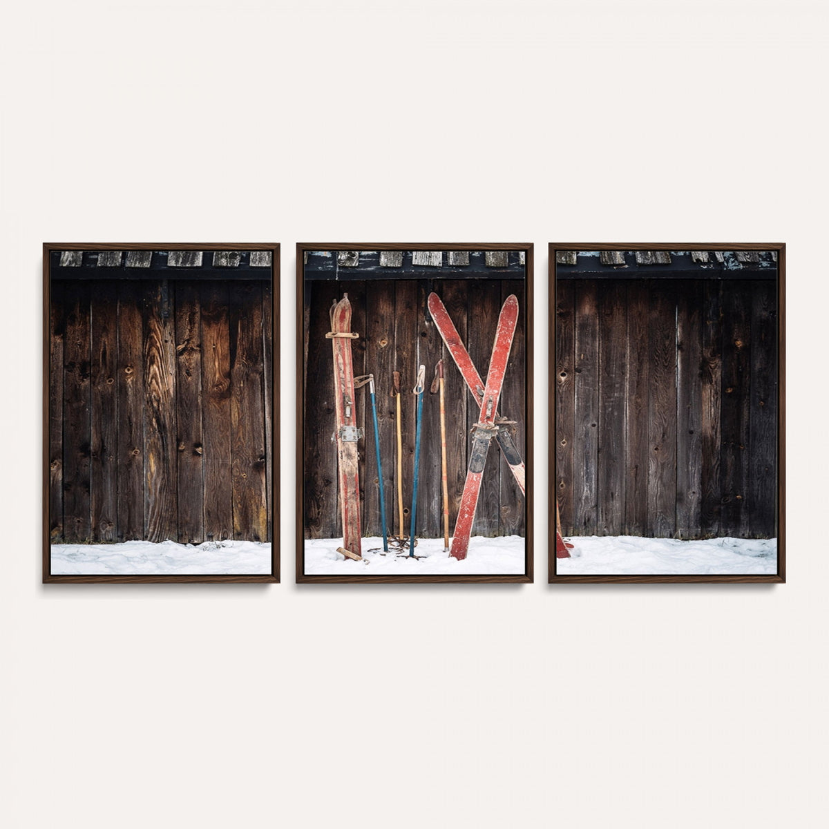 78590-MGV-CV-36X24 - Vintage Ski Gear Canvas Print, Vintage Ski Gear Against Wooden Cabin Wall