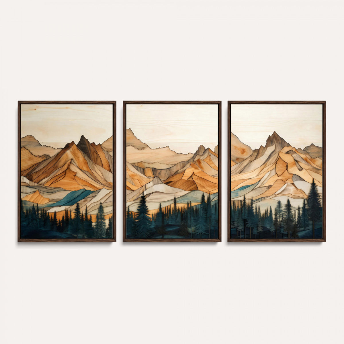 31576-PAN-FL-20X10 - Rustic Wood Mountain Wall Art Print | Triptych Giclee Print Featuring Handcrafted Forest and