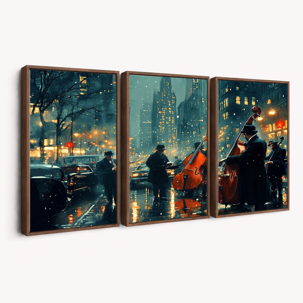 53391-MGV-CV-24X16 - Urban Night Jazz Wall Art Canvas Print | Moody Rain Soaked City Street Band Scene