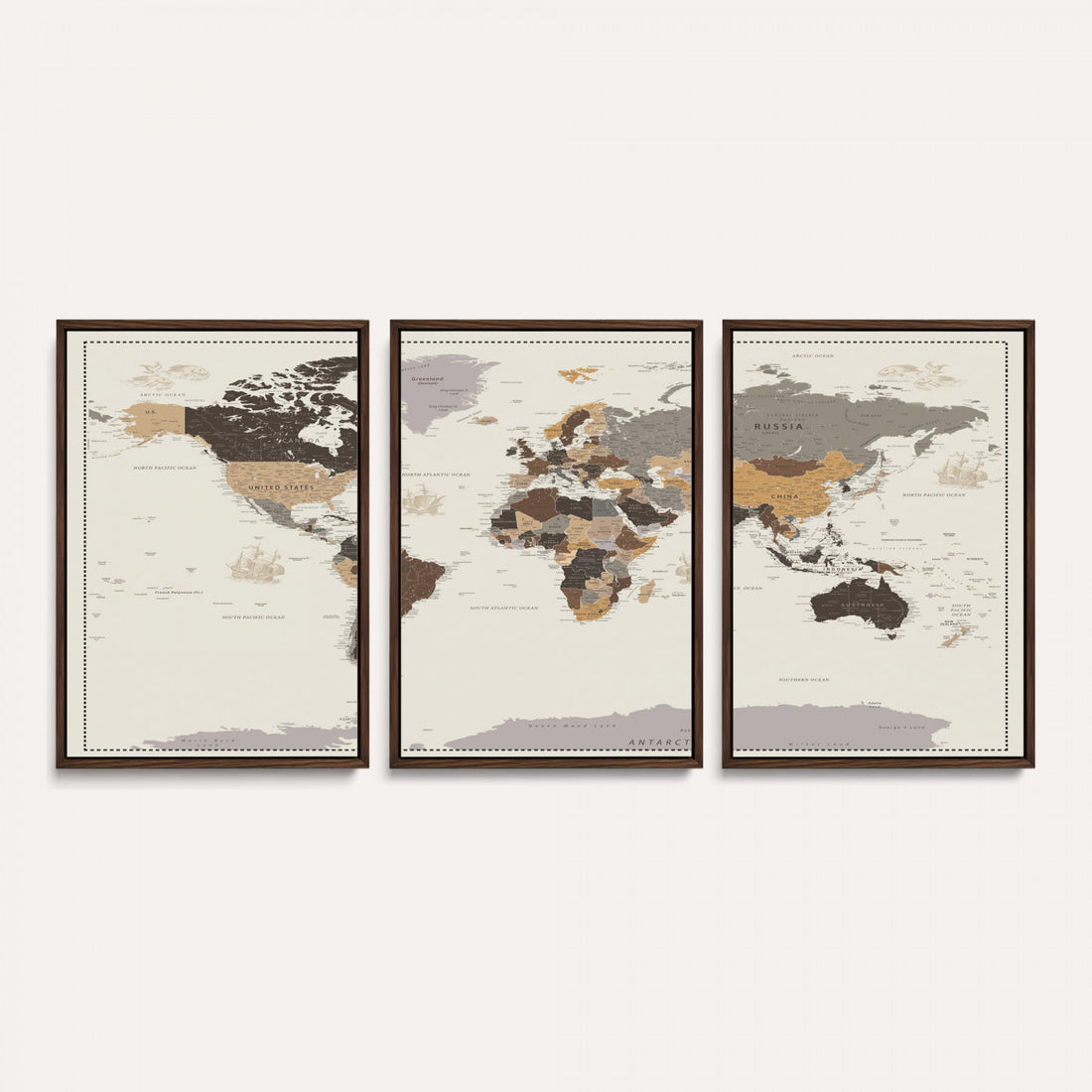 Custom Beige Modern Push Pin World Map Canvas Print, Places Visited Tracker, Bedroom and Study Decor