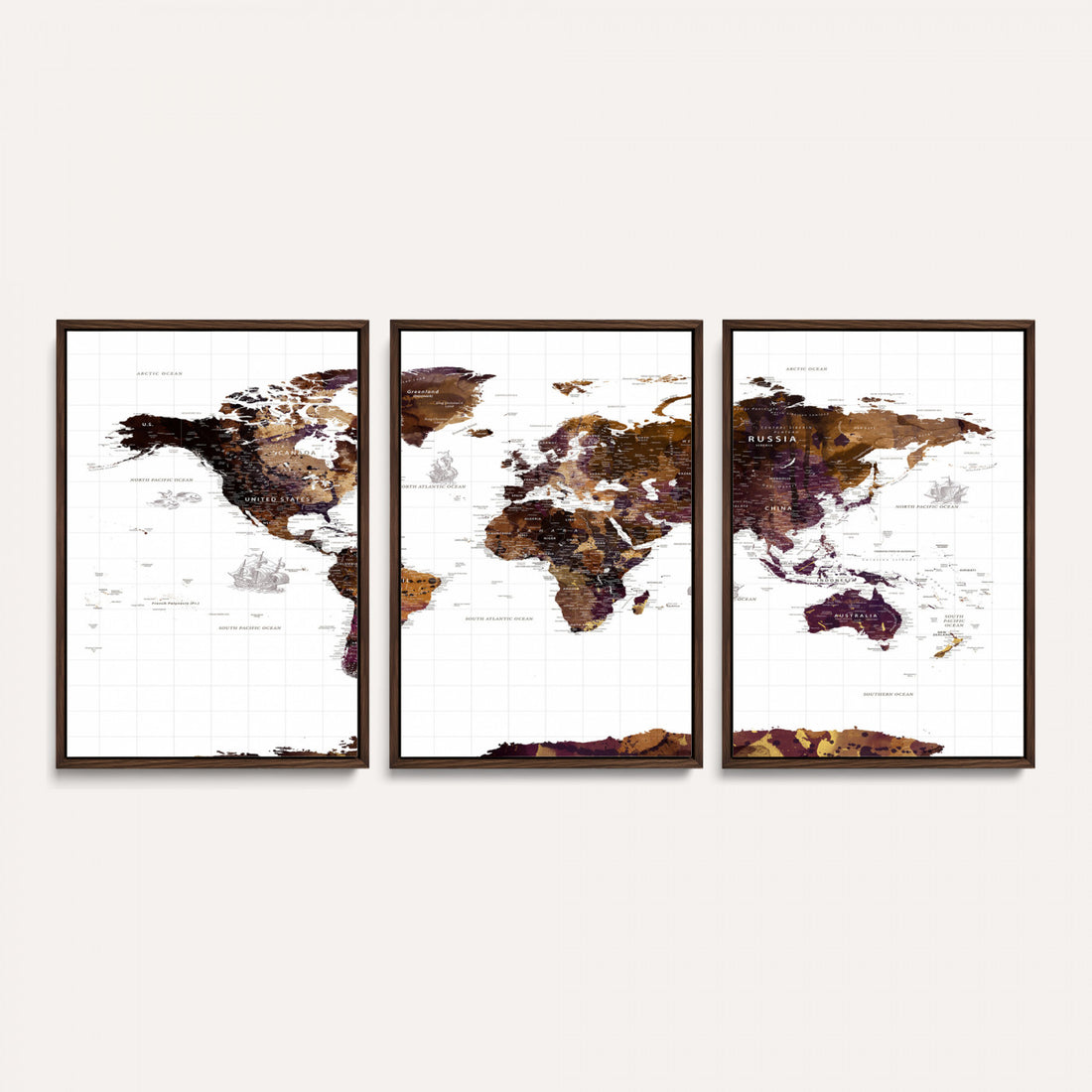Rustic World Map Wall Art Canvas Print | Large Vintage Blue World Map on Wood Grain Style Background