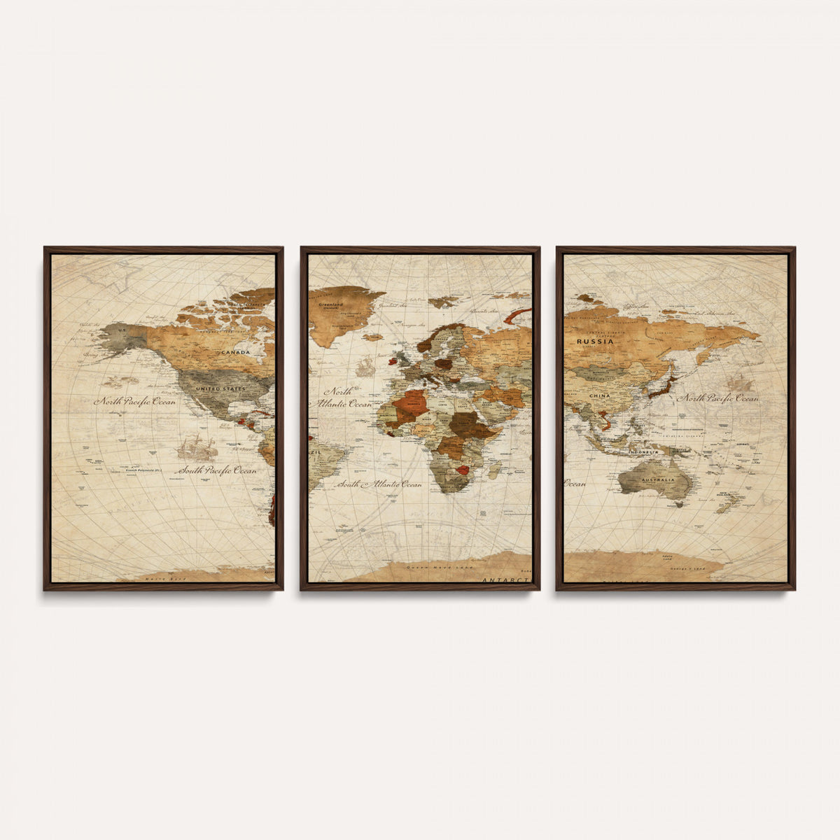 29684537-MGV-CV-36X24 - Vintage World Map Canvas Print, Framed Rustic Detailed Map of the World, Explorer Decor