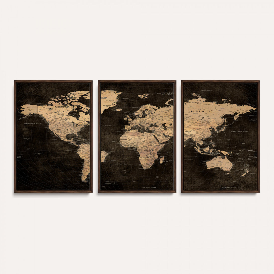Brown World Map Canvas Print | Modern Travel Map Wall Art