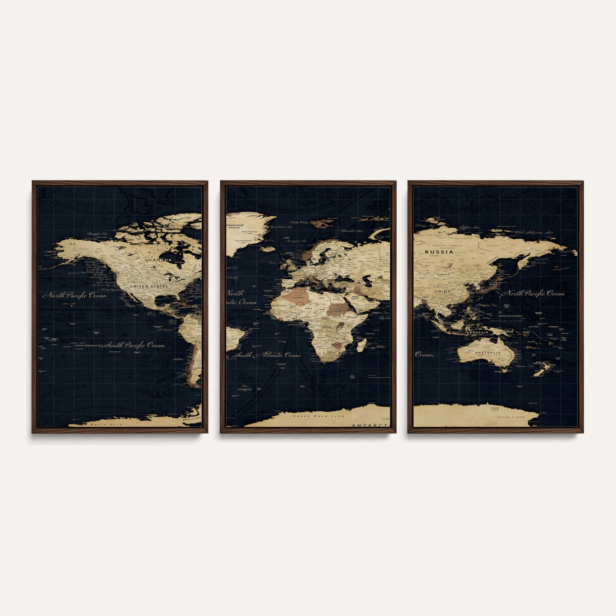 45063434-MGV-CV-36X24 - Dark World Map Canvas Wall Art Print, Minimal Black and Gold Map