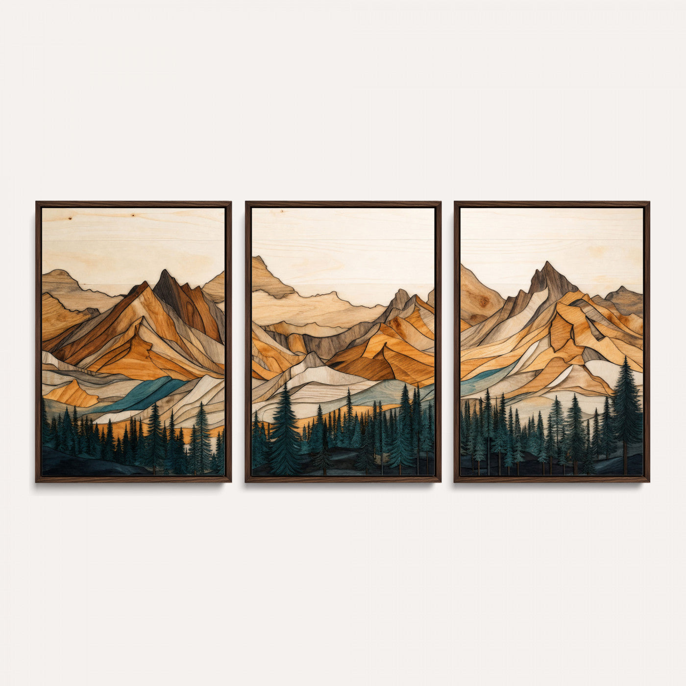 57384313-MGV-CV-60X30-3P - Mountain Landscape Canvas Wall Art with Wood Grain Effect, Golden Peaks and Teal Pine Forest, Framed Cabin Decor