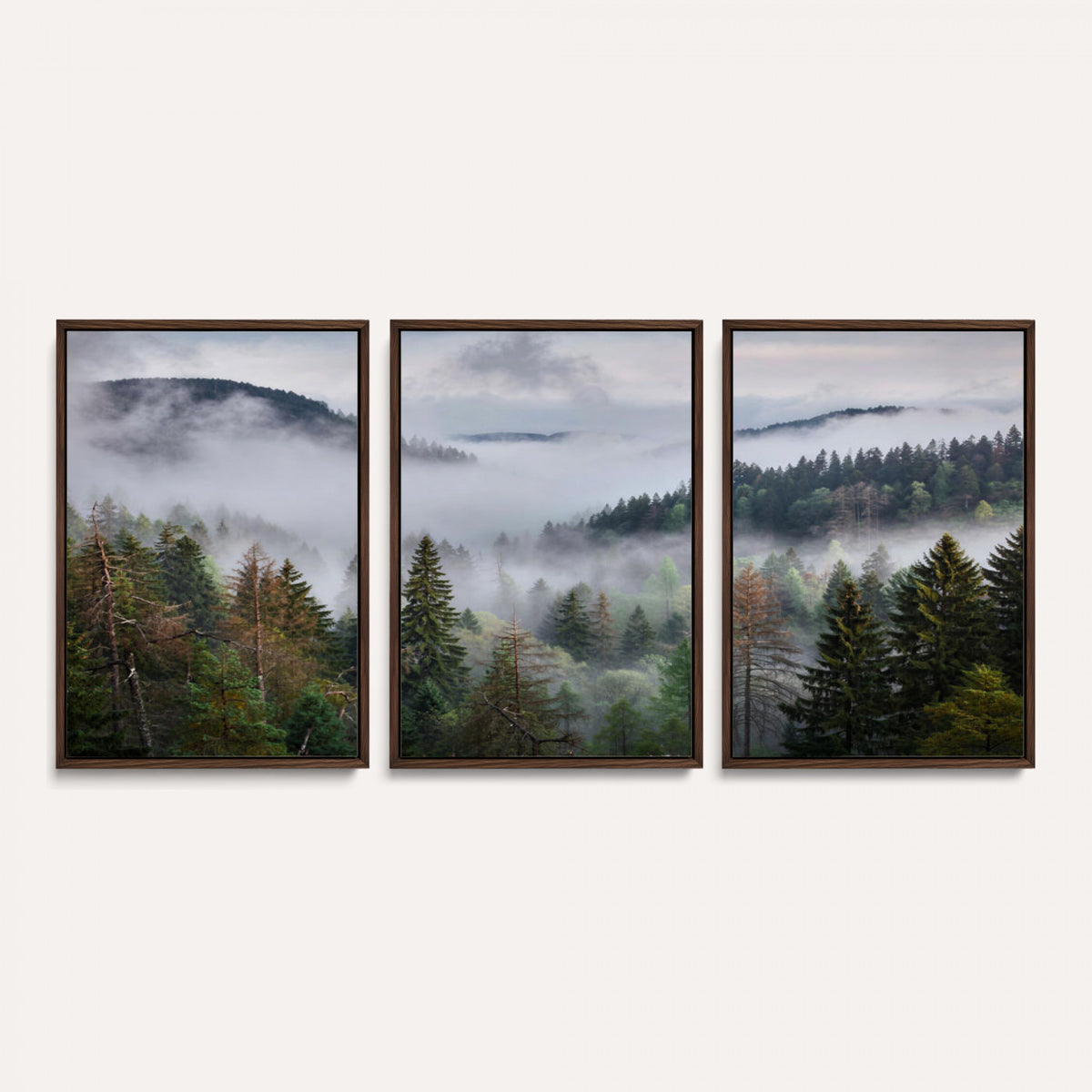 18735847-_Poster-30x20 - Foggy Pine Forest Mountain Canvas Print 3 Piece Framed Wall Art Extra Large Floating Frame Nature Poster Made in USA