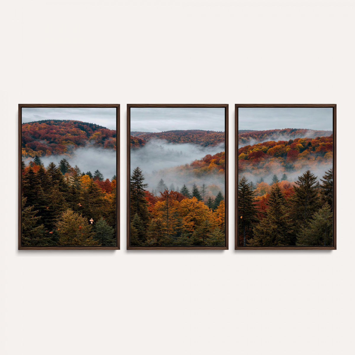 26686263-_Poster-30x20 - Misty Autumn Forest Mountain Canvas Print 3 Panel Wall Art Gallery Wrapped Floating Frame Poster Made in USA