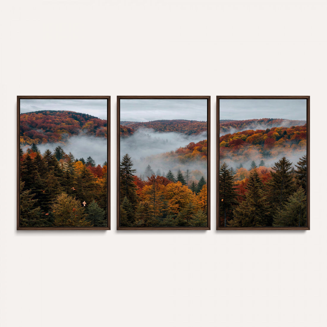 Misty Autumn Forest Mountain Canvas Print 3 Panel Wall Art Gallery Wrapped Floating Frame Poster Made in USA