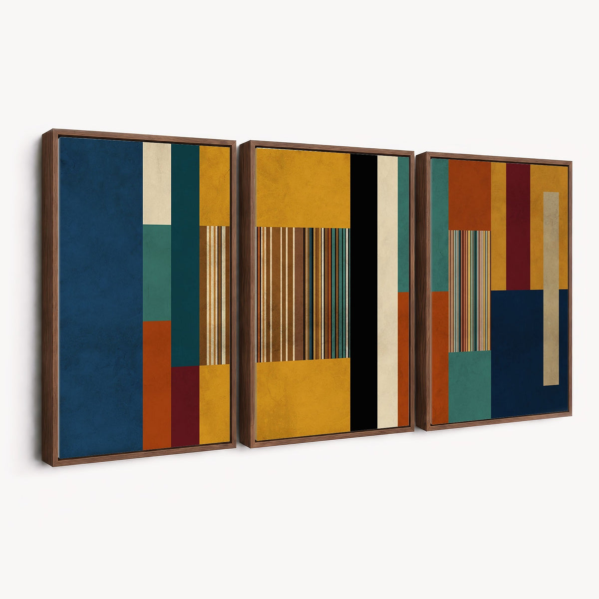 53992657-MGV-CV-48X32-3P - Mid Century Abstract Color Block Canvas Wall Art, Geometric Striped Canvas Print