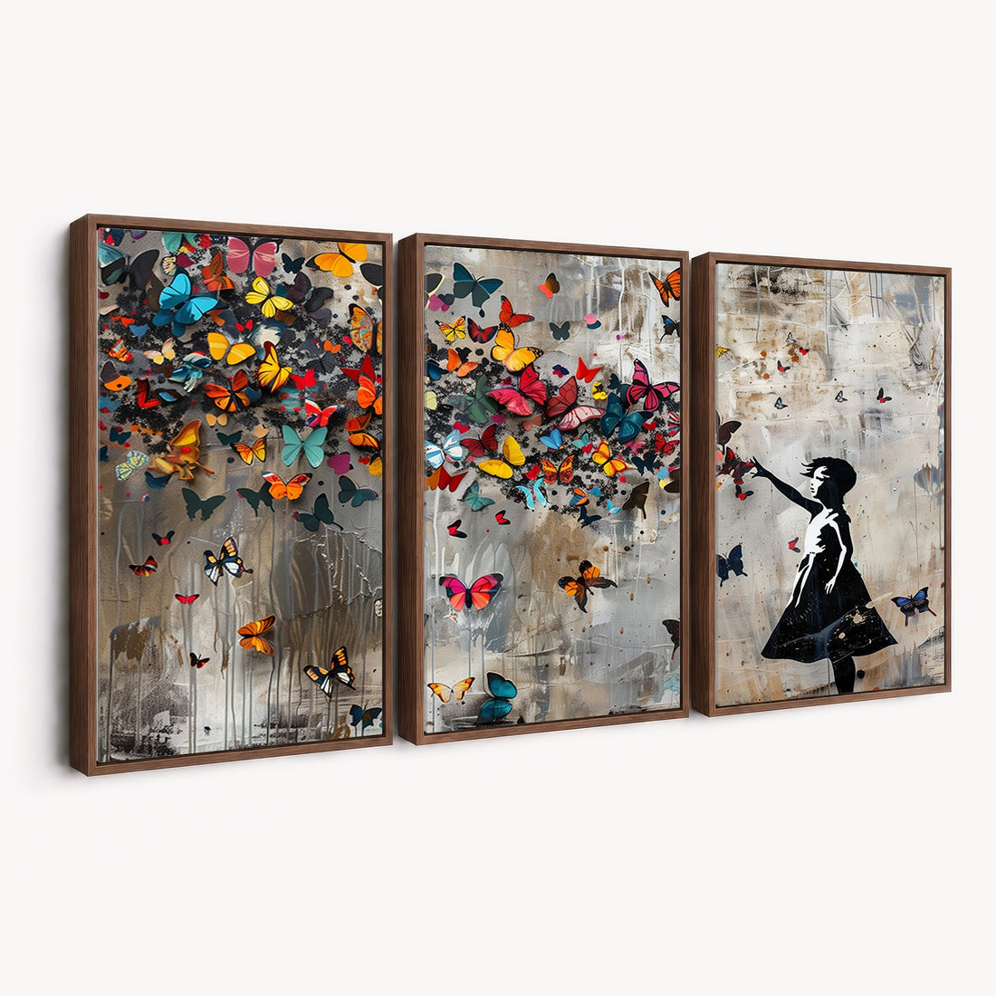 Banksy Wall Art, Banksy Girl and Butterfly Explosion Canvas Print | Extra Large 3 Piece Best Seller Wall Art