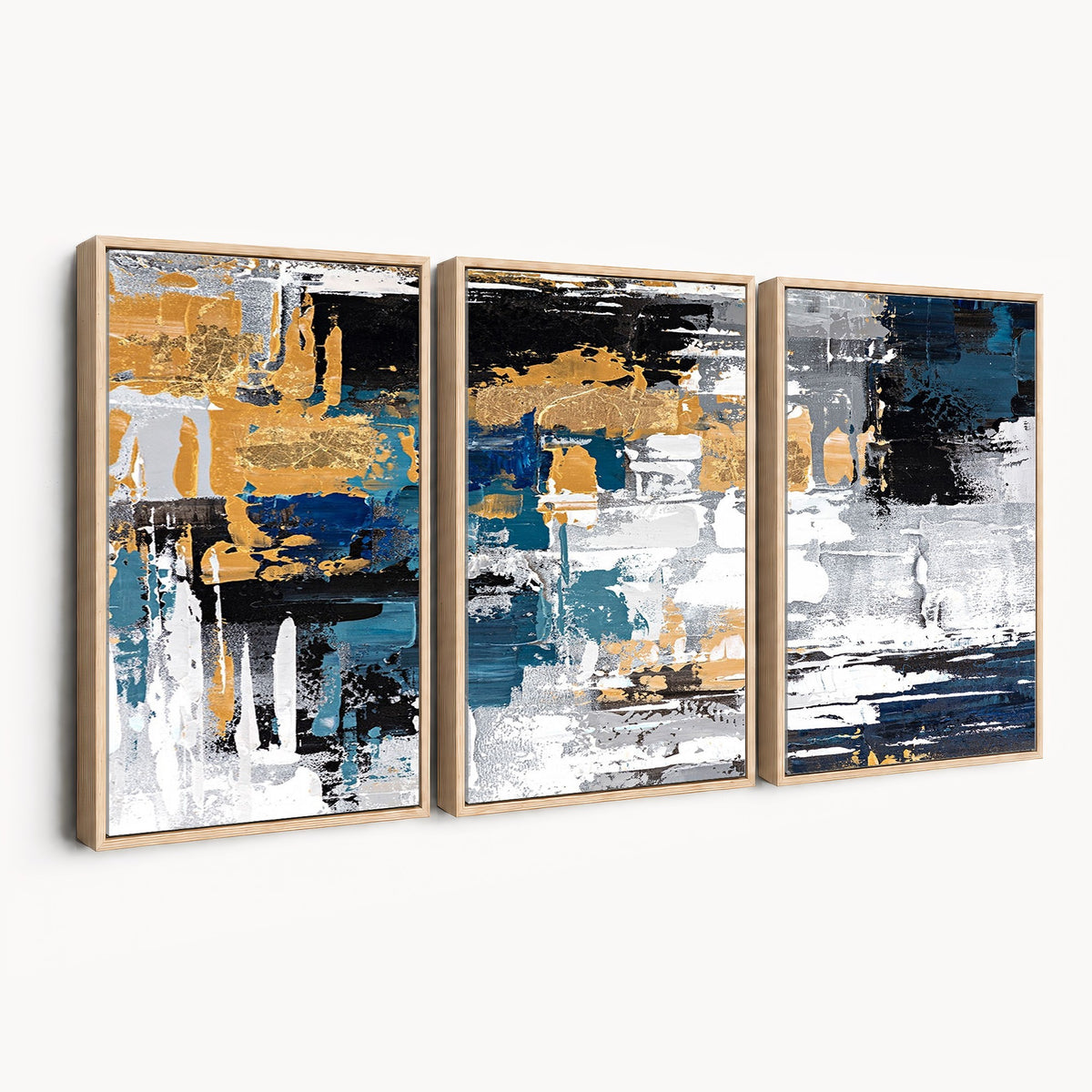 57708-_Poster-30x20 - Blue and Gold Abstract Canvas Wall Art | Triptych Modern Art Print