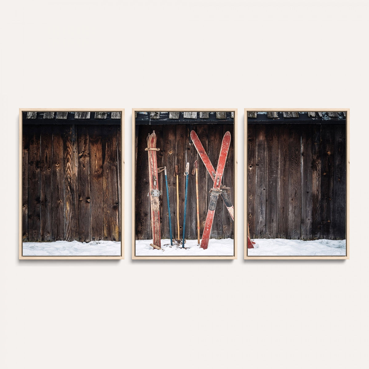 78590-MGV-CV-36X24 - Vintage Ski Gear Canvas Print, Vintage Ski Gear Against Wooden Cabin Wall