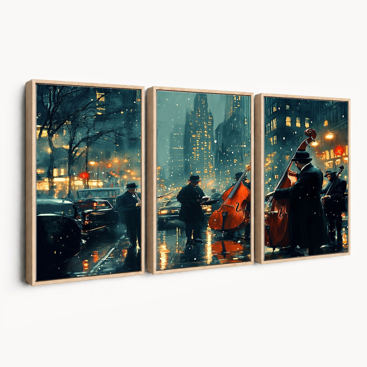 53391-MGV-CV-24X16 - Urban Night Jazz Wall Art Canvas Print | Moody Rain Soaked City Street Band Scene