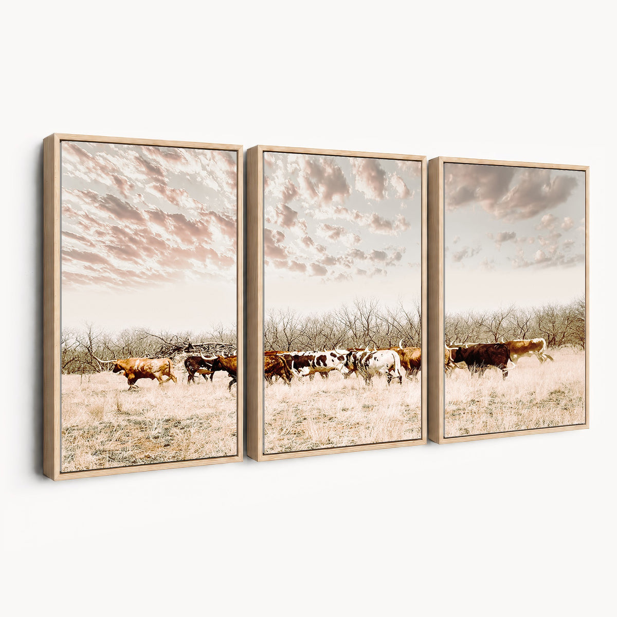 64892775-MGV-CV-24X16 - Longhorn Cattle Wall Art Canvas Print, Framed Texas Ranch Art, Western Cow Print, Prairie Landscape Decor