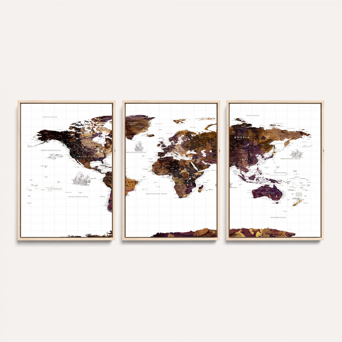 34792695-MGV-CV-36X24 - Rustic World Map Wall Art Canvas Print | Large Vintage Blue World Map on Wood Grain Style Background