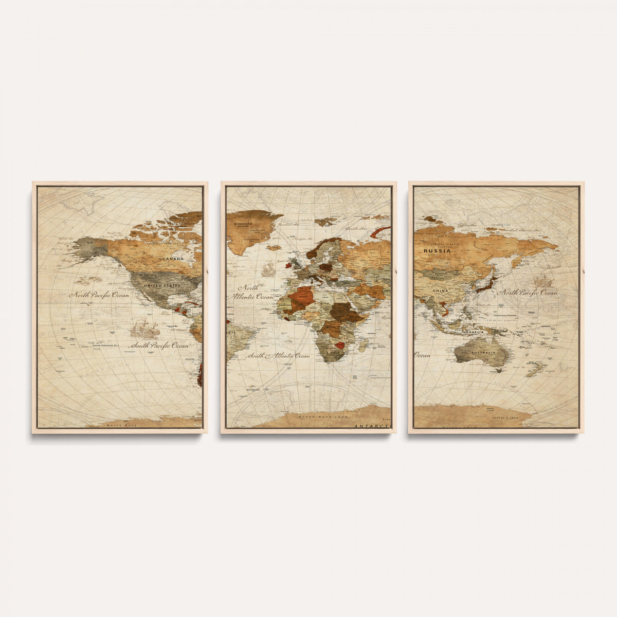 29684537-MGV-CV-36X24 - Vintage World Map Canvas Print, Framed Rustic Detailed Map of the World, Explorer Decor