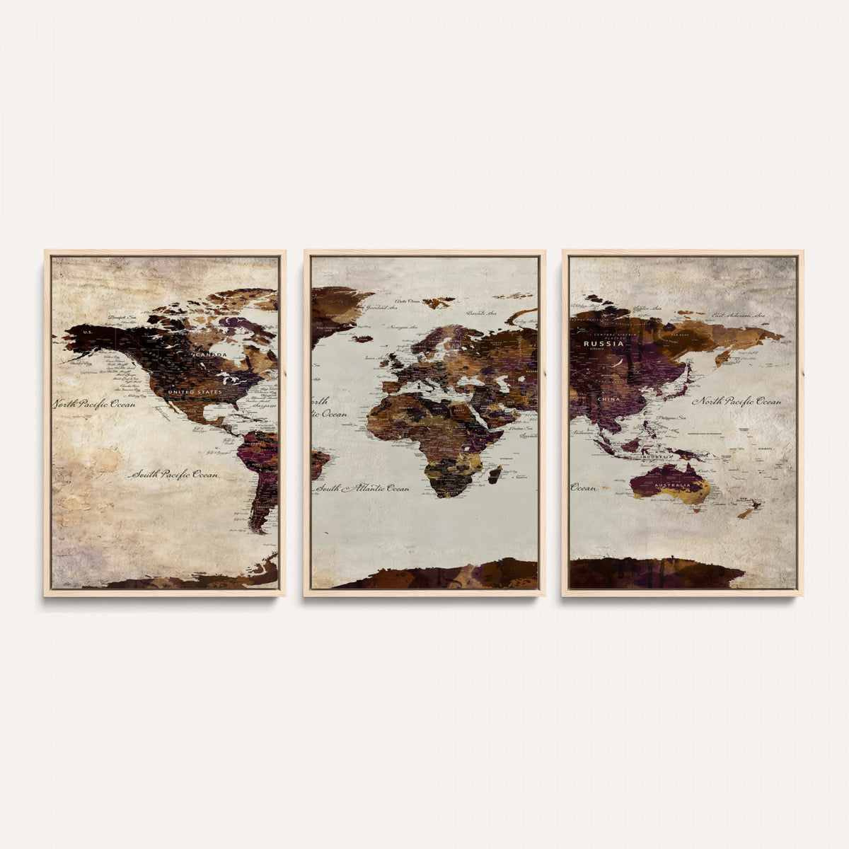50611123-MGV-CV-36X24 - World Map Canvas Triptych | Colorful Global Wall Art for Living Rooms