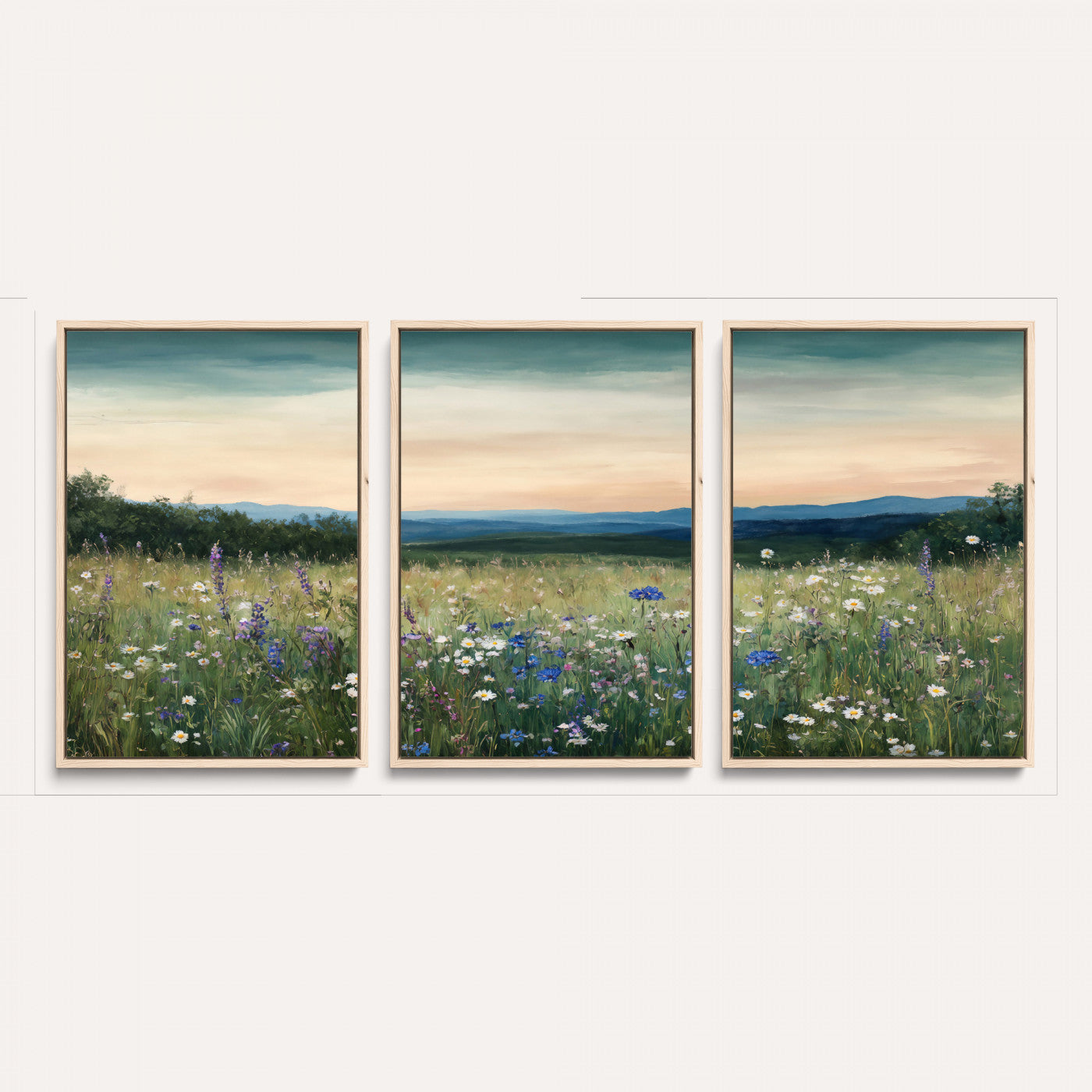 35773805-MGV-CV-36X24 - Wildflower Meadow Oil Painting Canvas Print - Daisy Lavender Mountain Sunset Print | Cottagecore Floral Wall Art - Bedroom Decor Gift for Her