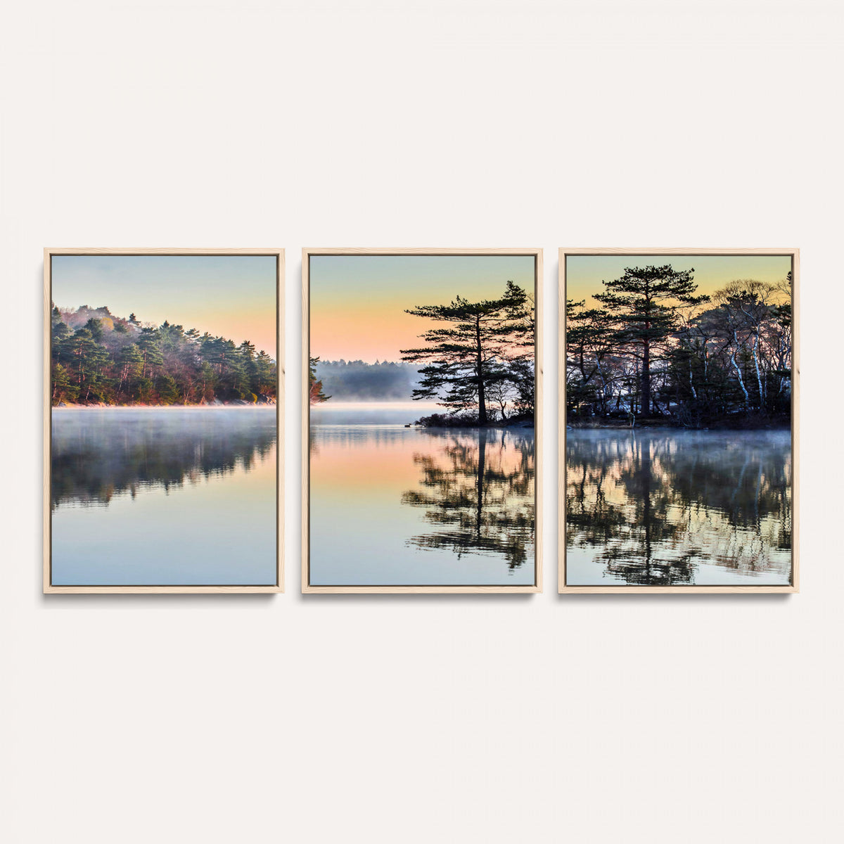 34236027-MGV-CV-36X24 - Before People Wake Canvas Wall Art Print, Misty Lake Sunrise Landscape, Forest Reflection Nature Decor, Ready to Hang