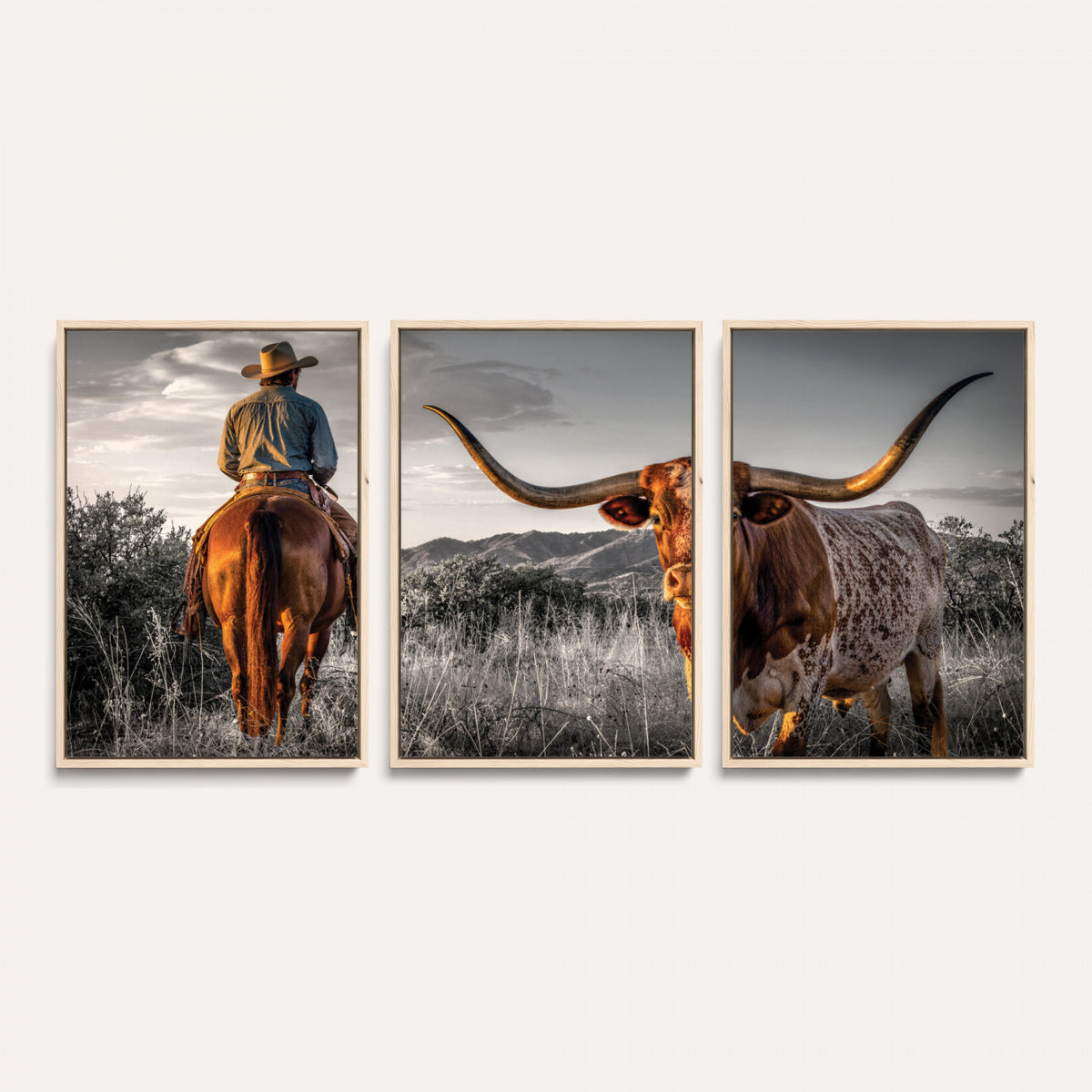 17066920-MGV-CV-60X30-3P - Extra Large Cowboy and Longhorn Wall Art Canvas Print