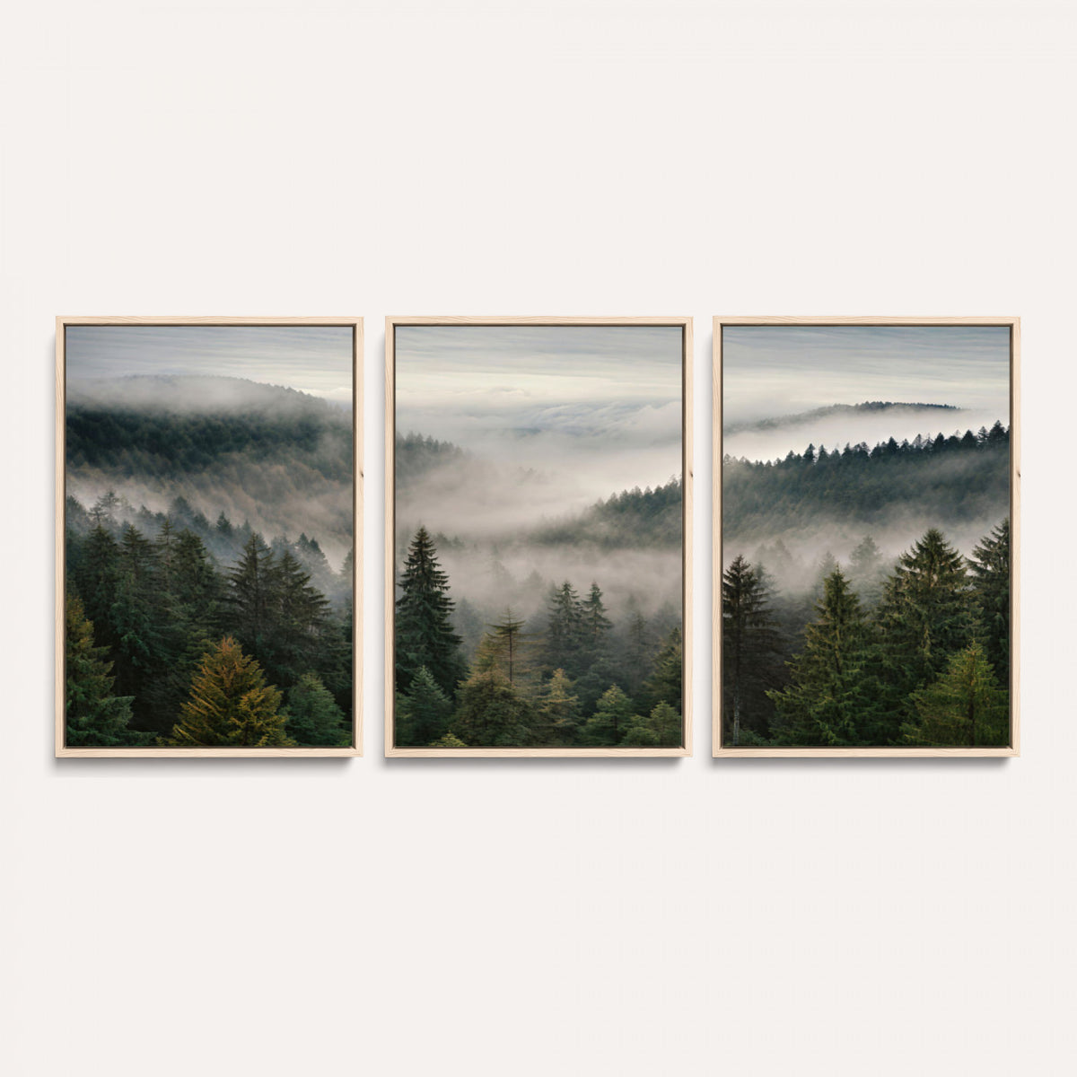 38409495-_Poster-30x20 - Misty Pine Valley Mountain Canvas Print 3 Piece Framed Wall Art Extra Large Floating Frame Nature Poster Made in USA