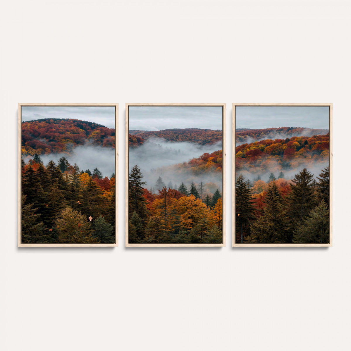 26686263-_Poster-30x20 - Misty Autumn Forest Mountain Canvas Print 3 Panel Wall Art Gallery Wrapped Floating Frame Poster Made in USA