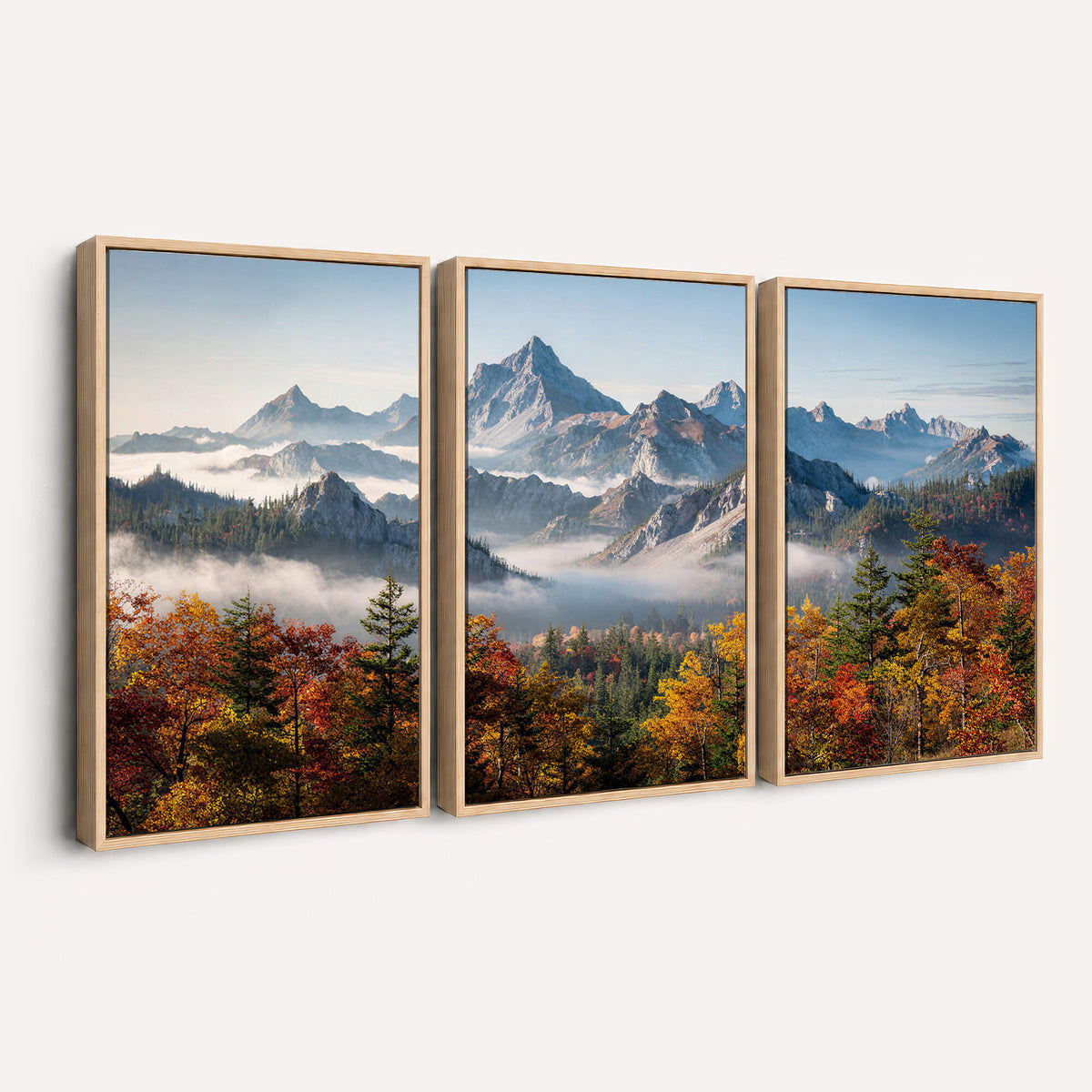 38847944-MGV-TP-30X20 - Majestic Mountain Peak Canvas Wall Art - Panoramic Autumn Forest Fog Landscape Print