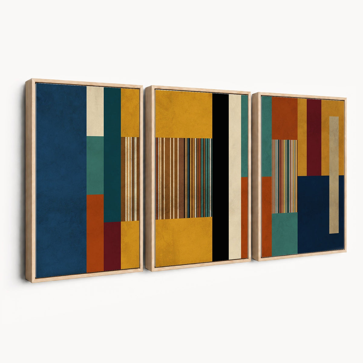 53992657-MGV-CV-48X32-3P - Mid Century Abstract Color Block Canvas Wall Art, Geometric Striped Canvas Print
