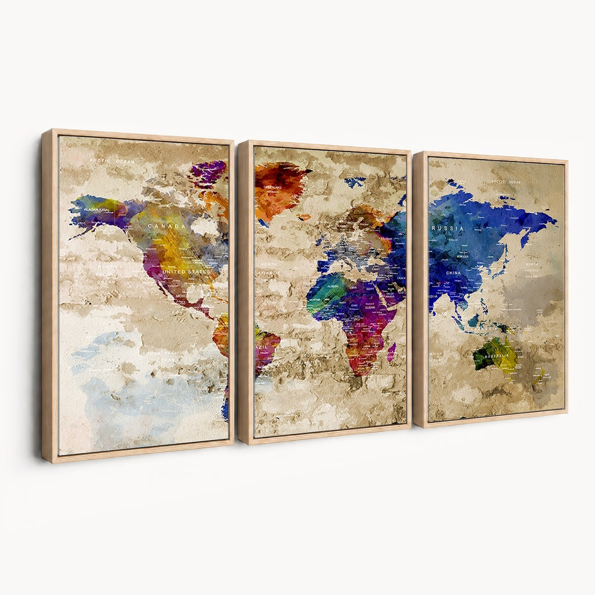 Colorful World Map Canvas Wall Art | Abstract Watercolor Map Print