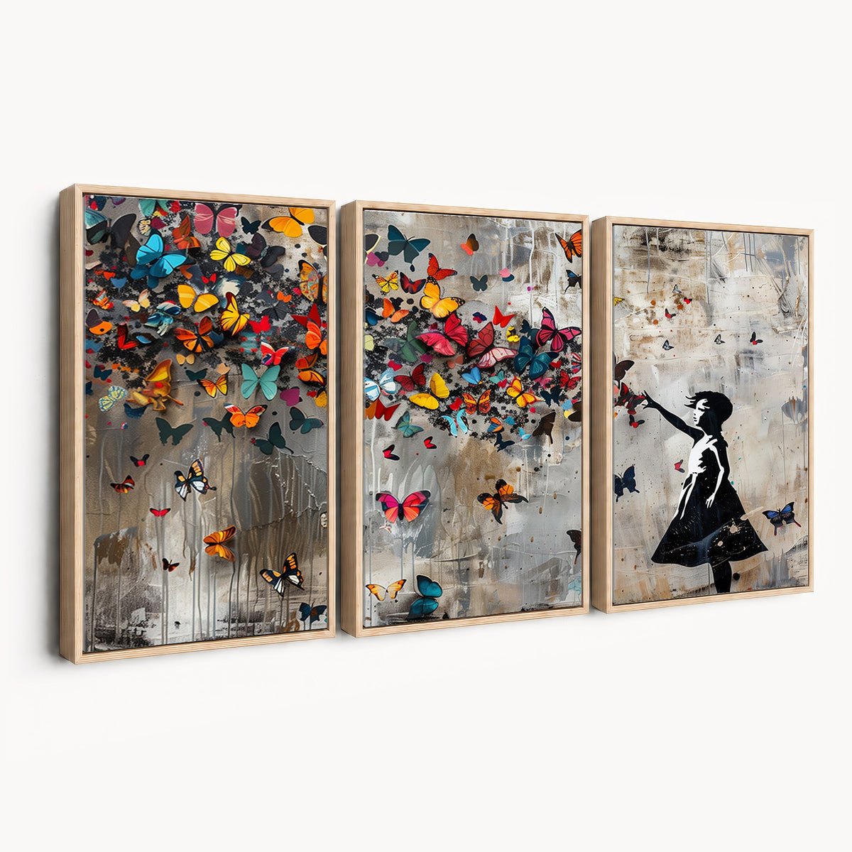 Banksy Wall Art, Banksy Girl and Butterfly Explosion Canvas Print | Extra Large 3 Piece Best Seller Wall Art