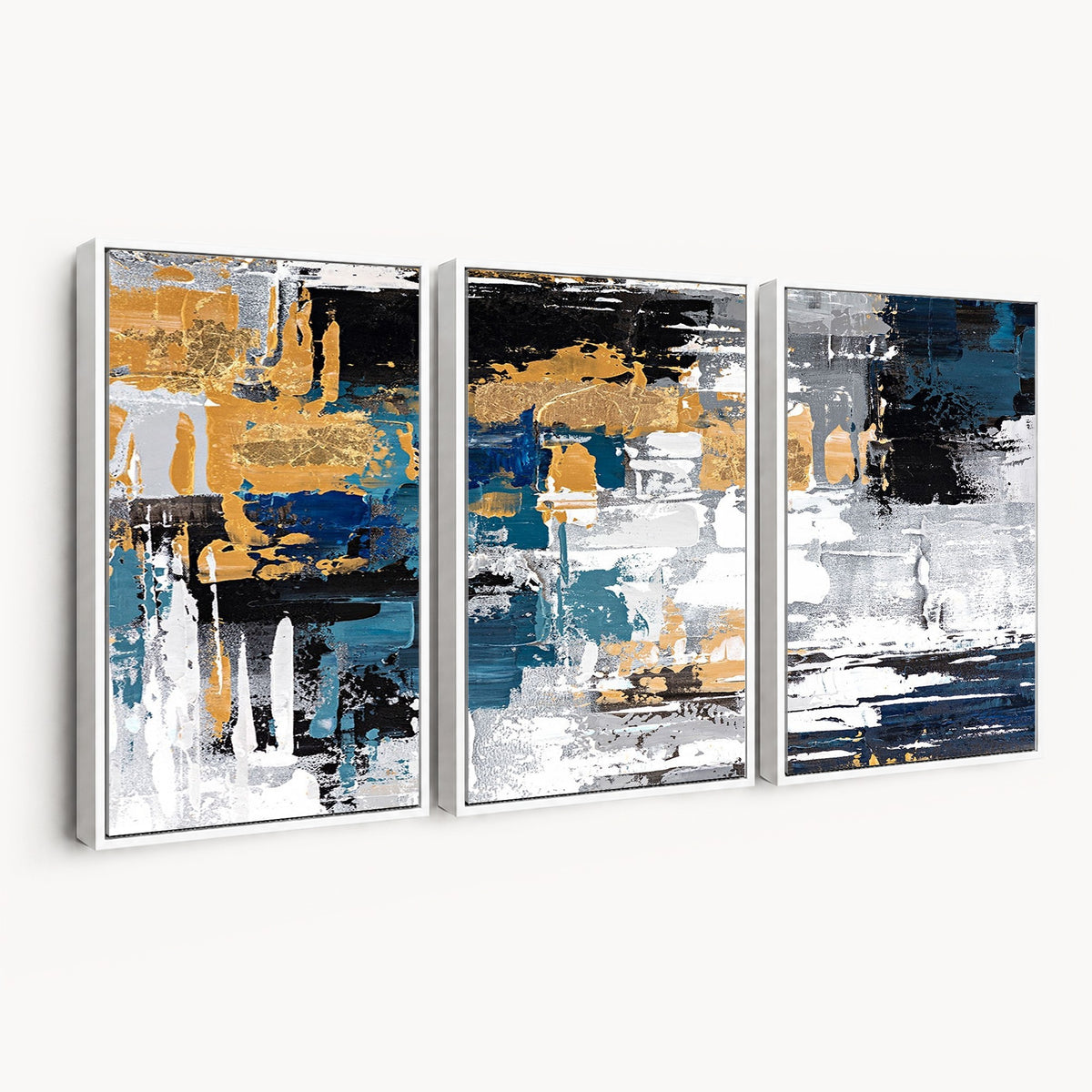 57708-_Poster-30x20 - Blue and Gold Abstract Canvas Wall Art | Triptych Modern Art Print