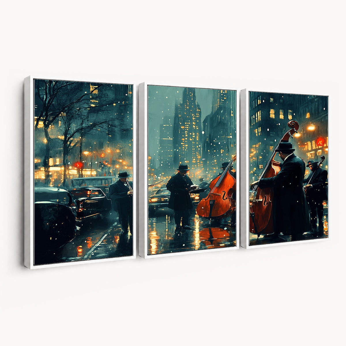 53391-MGV-CV-24X16 - Urban Night Jazz Wall Art Canvas Print | Moody Rain Soaked City Street Band Scene