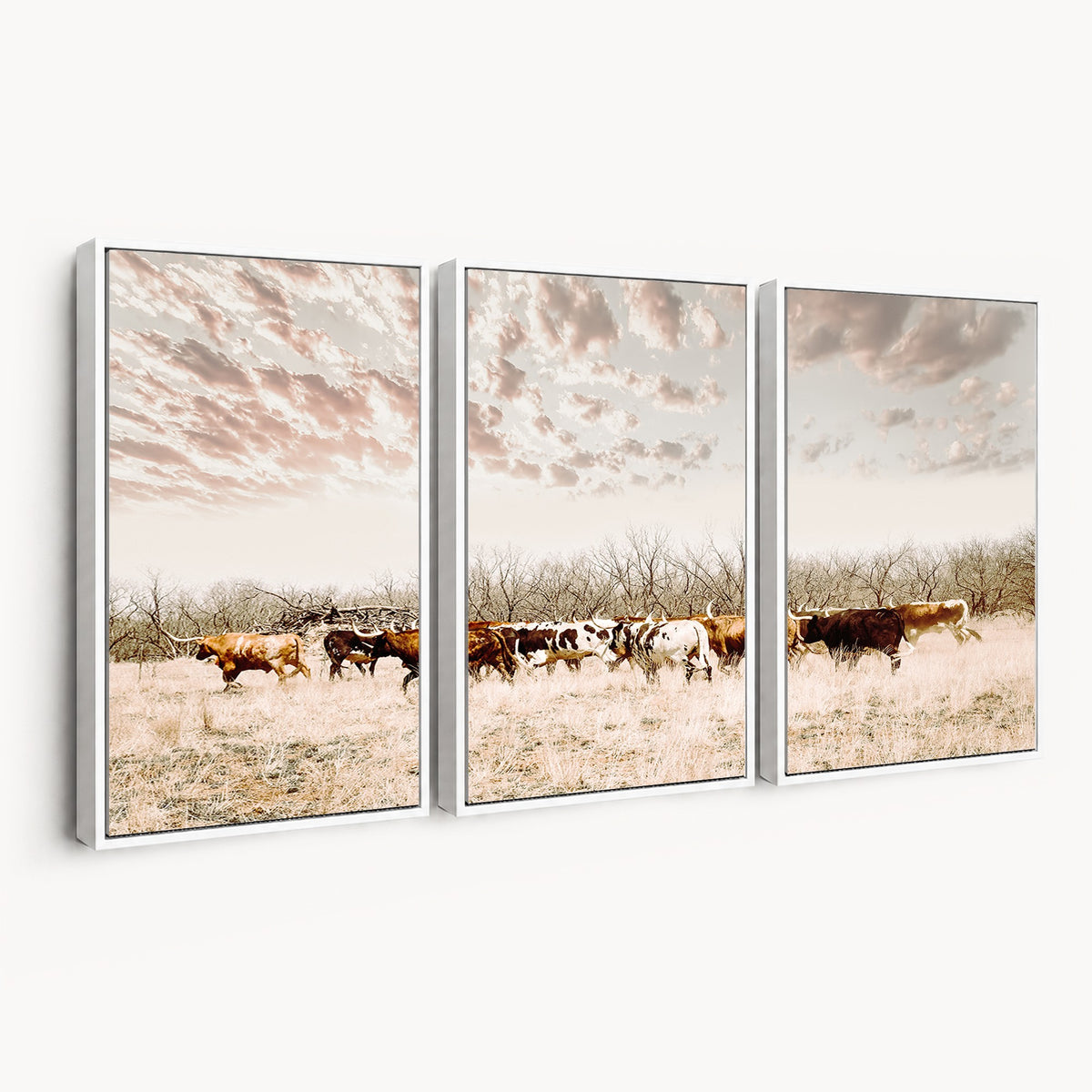 64892775-MGV-CV-24X16 - Longhorn Cattle Wall Art Canvas Print, Framed Texas Ranch Art, Western Cow Print, Prairie Landscape Decor