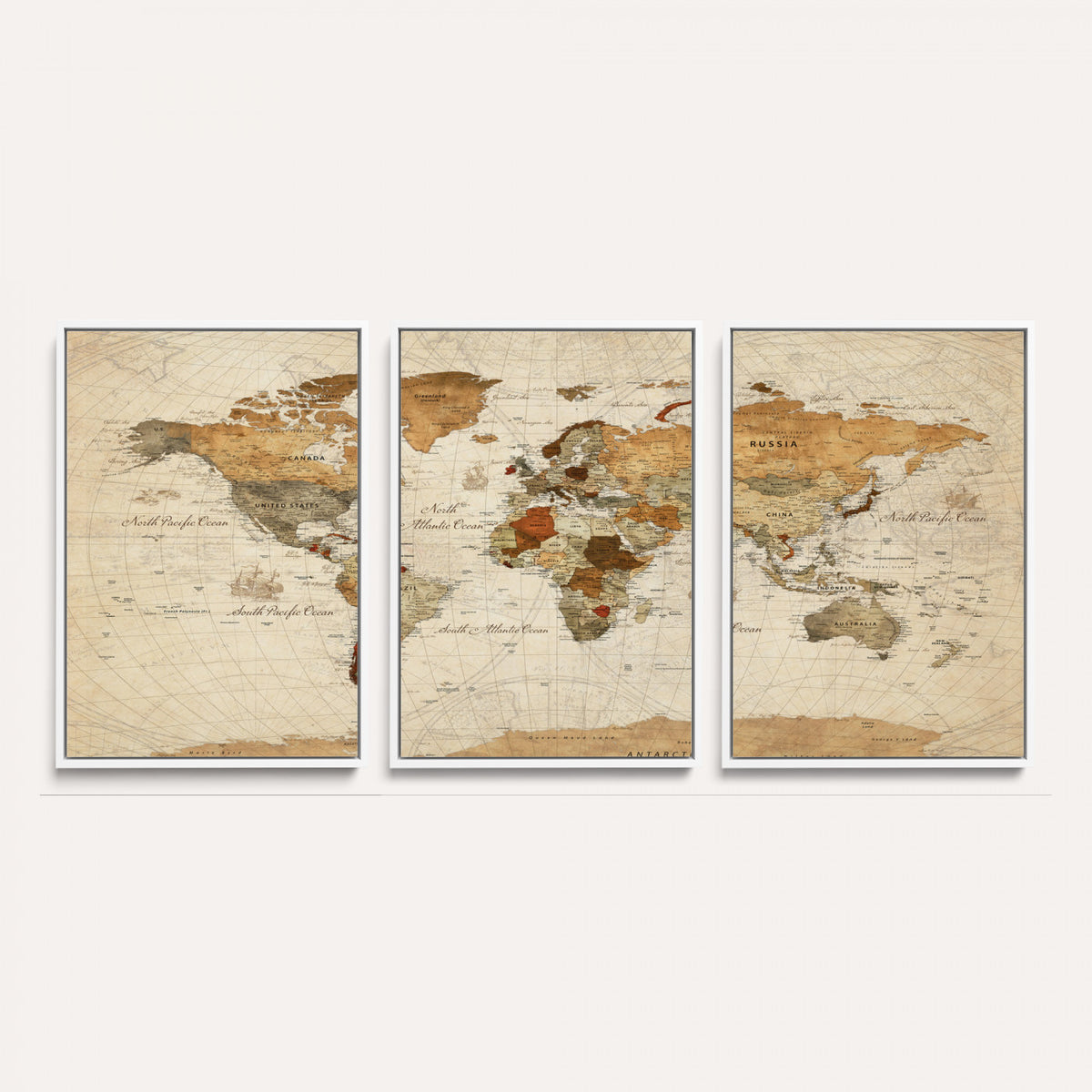 29684537-MGV-CV-36X24 - Vintage World Map Canvas Print, Framed Rustic Detailed Map of the World, Explorer Decor