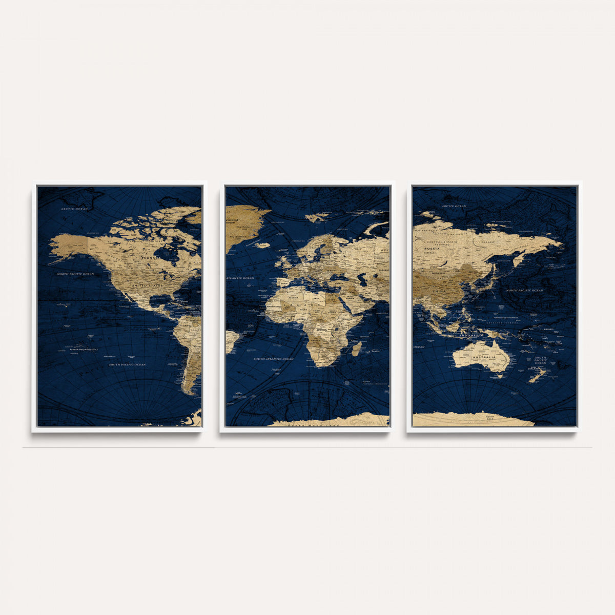 54770746-MGV-CV-36X24 - Navy Blue World Map Canvas Print – Detailed Map Minimal Navy
