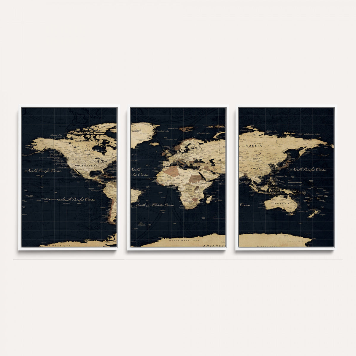 45063434-MGV-CV-36X24 - Dark World Map Canvas Wall Art Print, Minimal Black and Gold Map