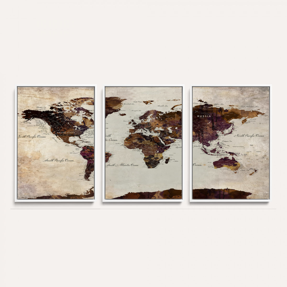 50611123-MGV-CV-36X24 - World Map Canvas Triptych | Colorful Global Wall Art for Living Rooms