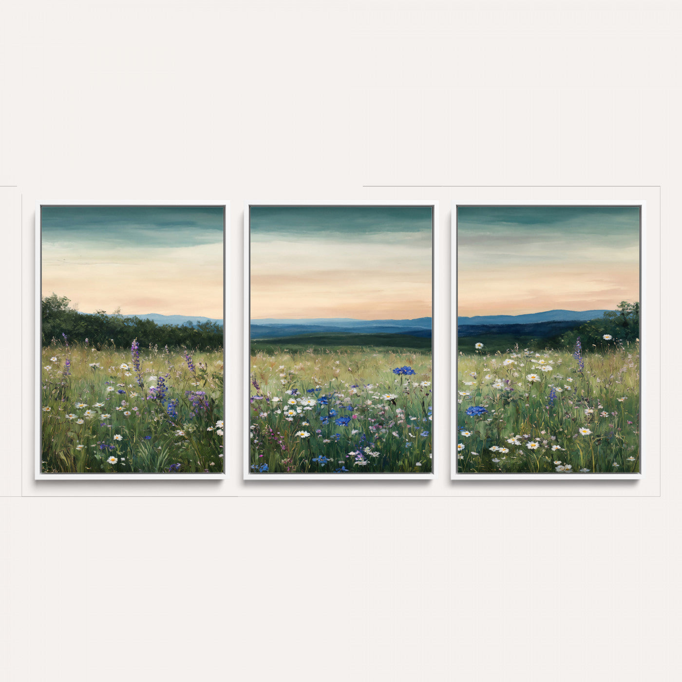 35773805-MGV-CV-36X24 - Wildflower Meadow Oil Painting Canvas Print - Daisy Lavender Mountain Sunset Print | Cottagecore Floral Wall Art - Bedroom Decor Gift for Her