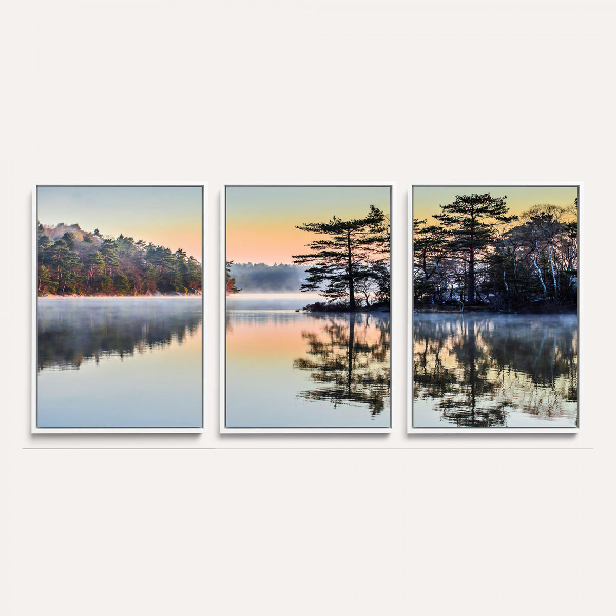 34236027-MGV-CV-36X24 - Before People Wake Canvas Wall Art Print, Misty Lake Sunrise Landscape, Forest Reflection Nature Decor, Ready to Hang