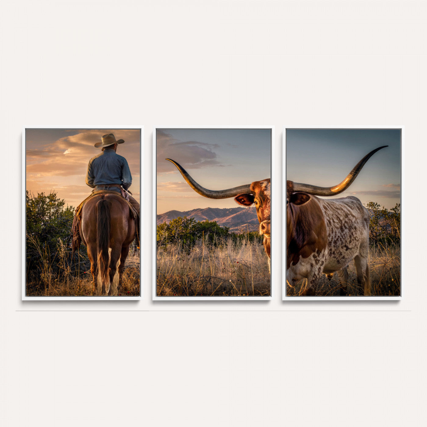 62076449-MGV-CV-60X30-3P - Texas Cow Bull Longhorn Cowboy Western Wall Art Decor for Farmhouse