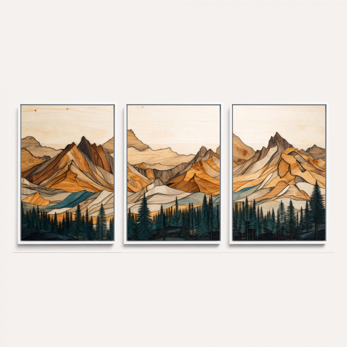 57384313-MGV-CV-60X30-3P - Mountain Landscape Canvas Wall Art with Wood Grain Effect, Golden Peaks and Teal Pine Forest, Framed Cabin Decor