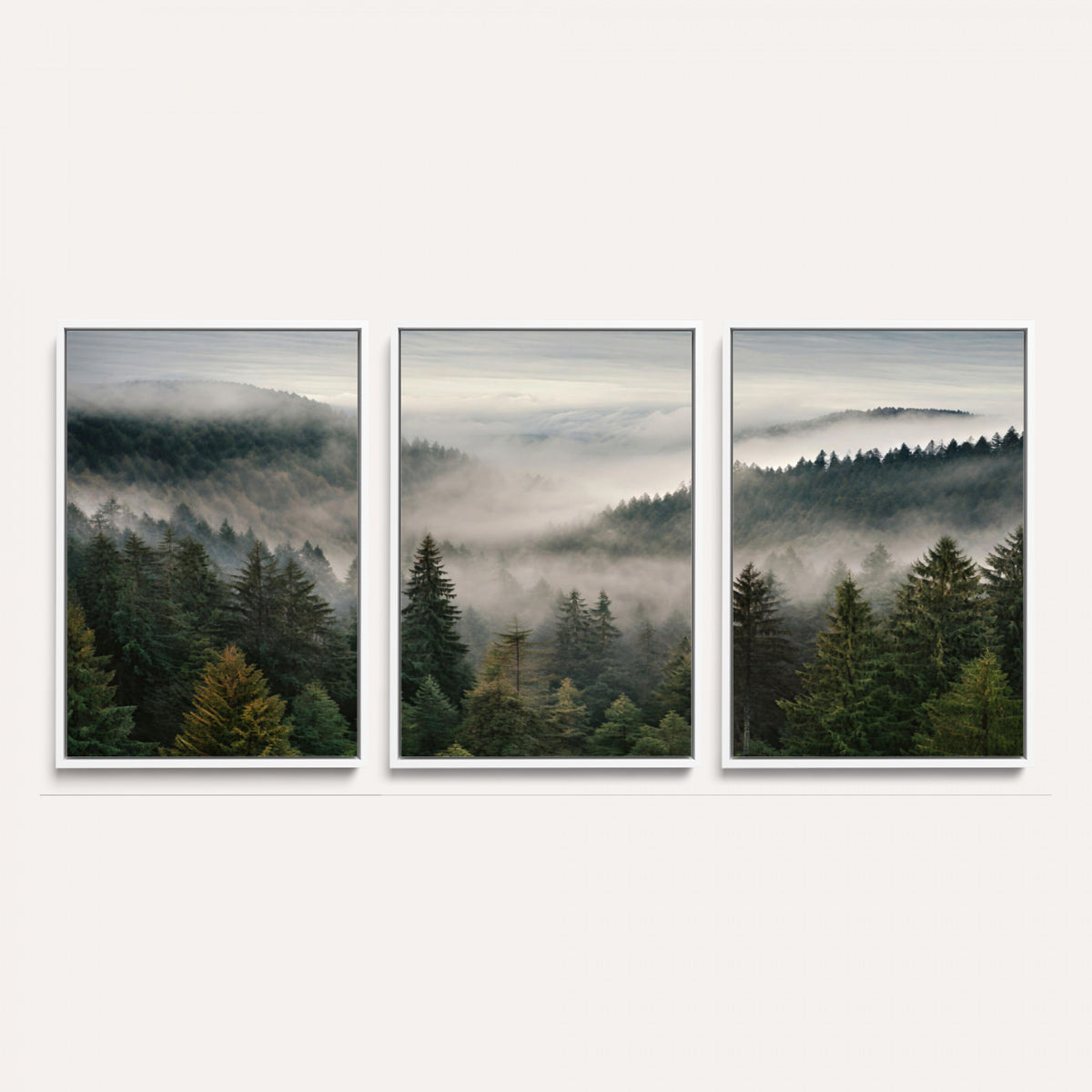 38409495-_Poster-30x20 - Misty Pine Valley Mountain Canvas Print 3 Piece Framed Wall Art Extra Large Floating Frame Nature Poster Made in USA