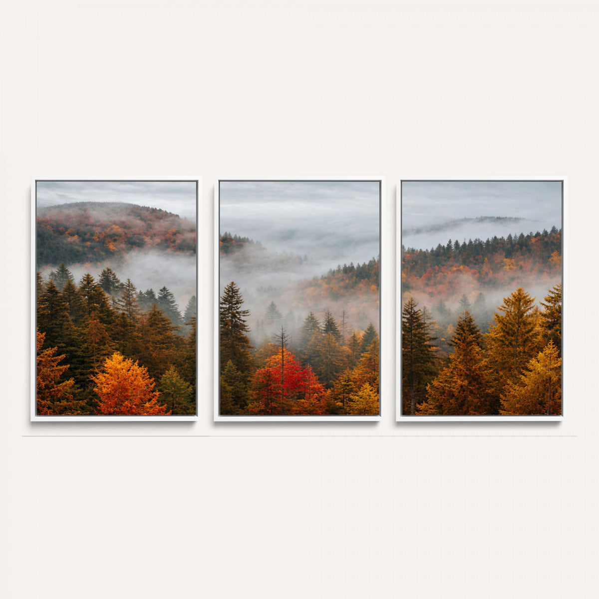 87481341-_Poster-30x20 - Foggy Autumn Mountain Canvas Print Smoky Pine Forest Wall Art Panoramic Nature Poster 3 Piece Made in USA