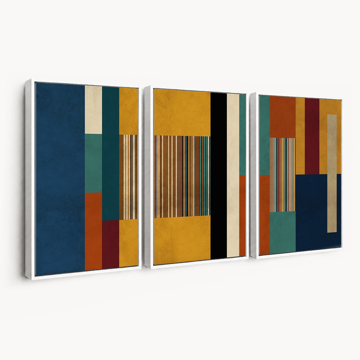 53992657-MGV-CV-48X32-3P - Mid Century Abstract Color Block Canvas Wall Art, Geometric Striped Canvas Print