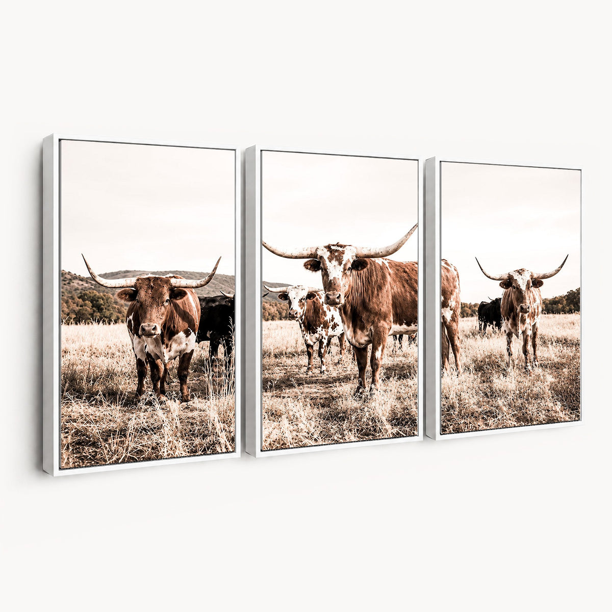 25234808-MGV-CV-48X32-3P - Texas Longhorn Cattle Canvas Wall Art, Western Ranch Home Decor