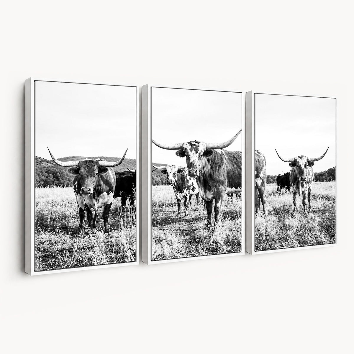 73228277-MGV-CV-48X32-3P - Black and White Longhorn Cattle Canvas Print, Western Ranch Wall Decor